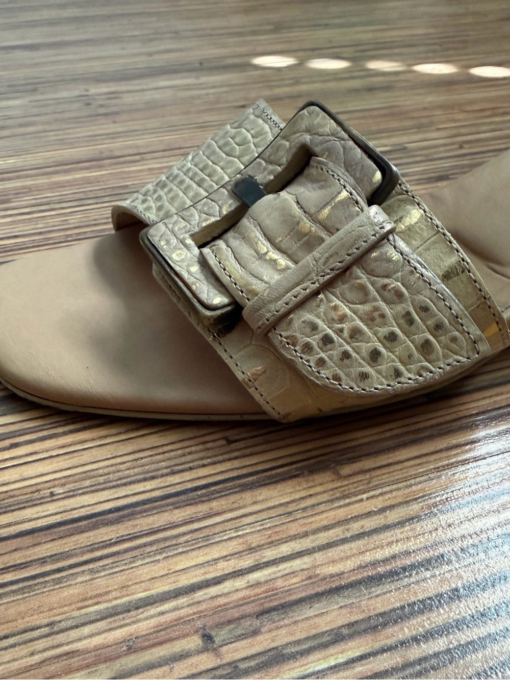 Donald J. Pliner Beige Croc-Embossed Buckle Slide Sandals - Picture 4 of 5